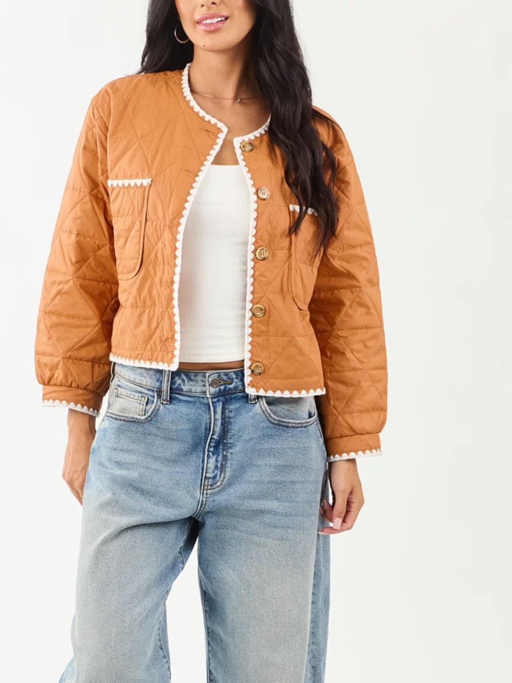 Quilted Cropped Jacket with Contrast Trim - Tan
